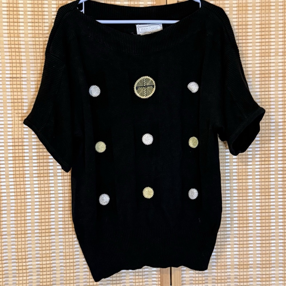Simon Chang‎ Womens L Sweater Black Gold Decor Texture Luxury Office Grannycore